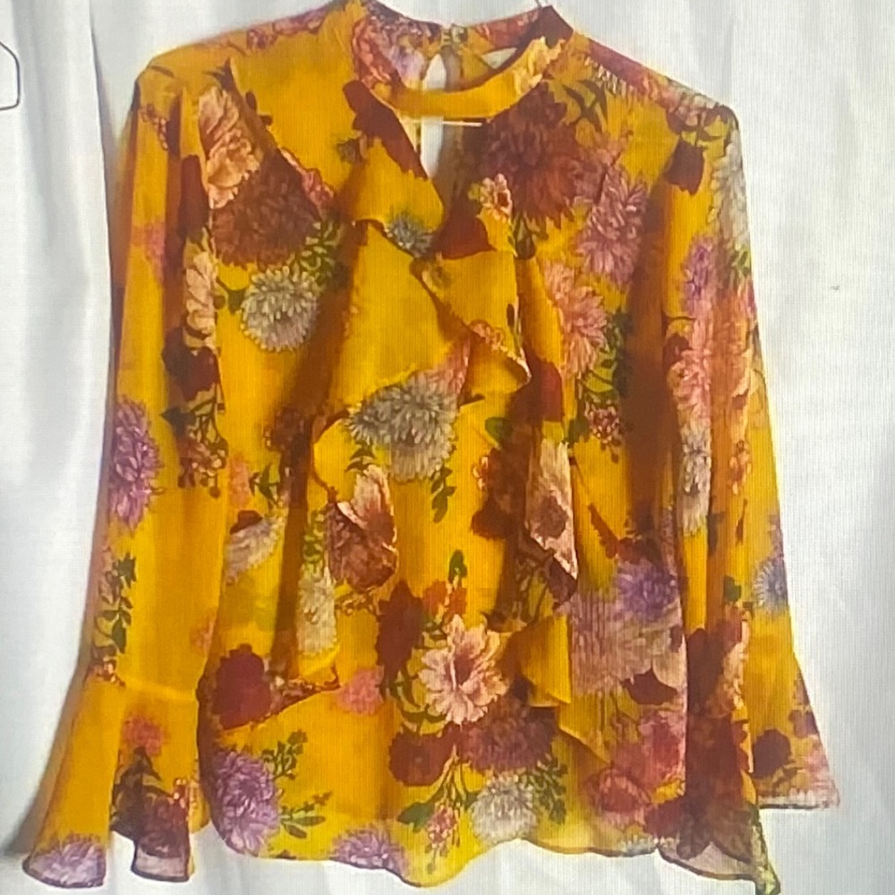 belle sky Mustard Floral Ruffle Blouse